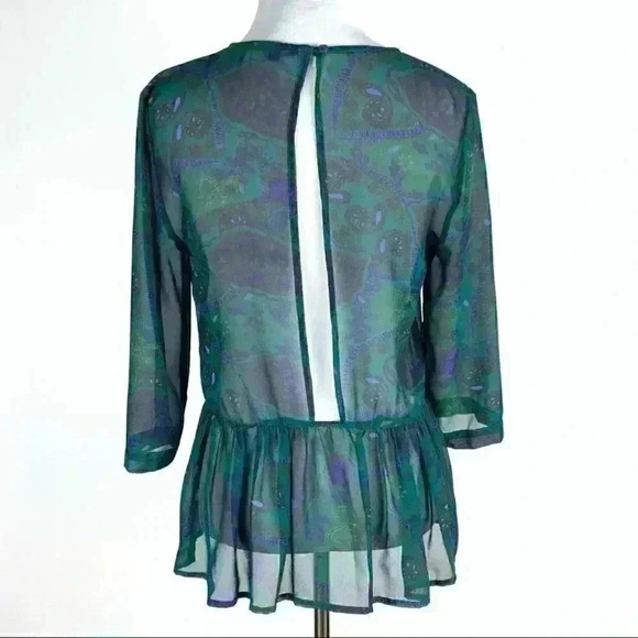 Vince Womens top size M multicolored 100% silk Paisley sheer peplum - Picture 6 of 10